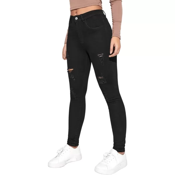 SweatyRocks Women's Casual High Waist Ripped Skinny Jeans Distressed Denim Pants