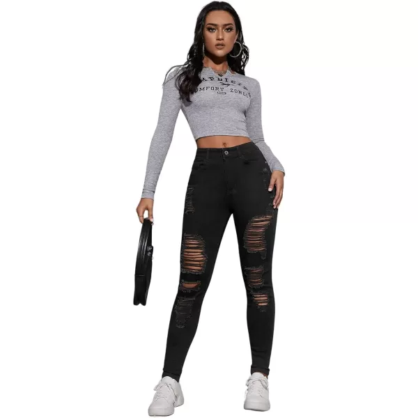 SweatyRocks Women's Casual High Waist Ripped Skinny Jeans Distressed Denim Pants