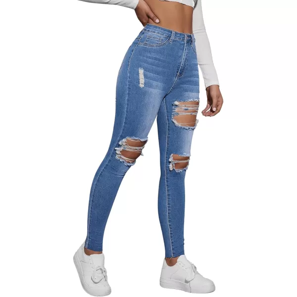 SweatyRocks Women's Casual High Waist Ripped Skinny Jeans Distressed Denim Pants