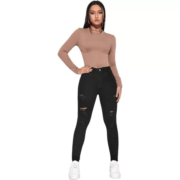 SweatyRocks Women's Casual High Waist Ripped Skinny Jeans Distressed Denim Pants