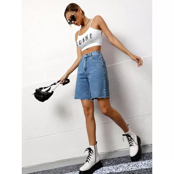 SweatyRocks Women's Casual High Waist Straight Leg Jean Shorts Raw Hem Denim Bermuda Shorts