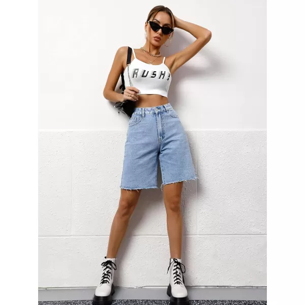 SweatyRocks Women's Casual High Waist Straight Leg Jean Shorts Raw Hem Denim Bermuda Shorts