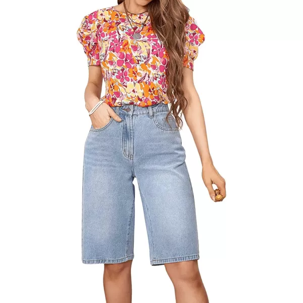 SweatyRocks Women's Casual High Waist Straight Leg Jean Shorts Raw Hem Denim Bermuda Shorts