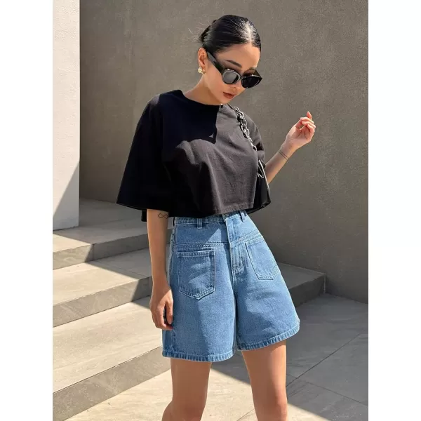 SweatyRocks Women's Casual High Waist Straight Leg Jean Shorts Raw Hem Denim Bermuda Shorts