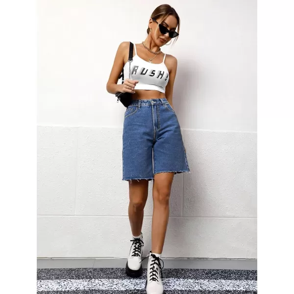SweatyRocks Women's Casual High Waist Straight Leg Jean Shorts Raw Hem Denim Bermuda Shorts