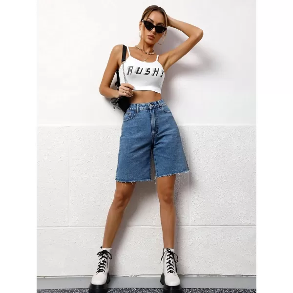 SweatyRocks Women's Casual High Waist Straight Leg Jean Shorts Raw Hem Denim Bermuda Shorts