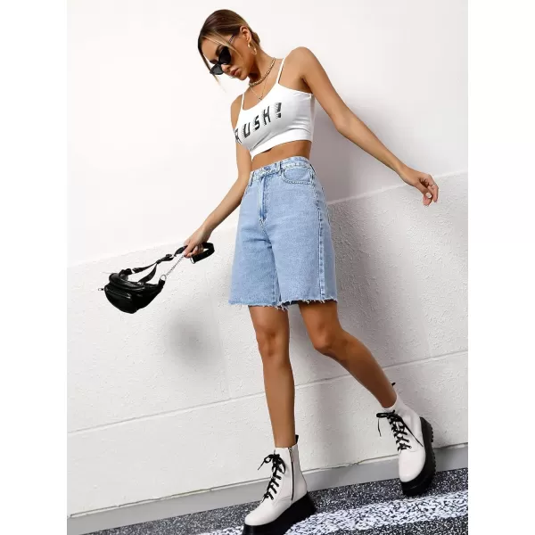 SweatyRocks Women's Casual High Waist Straight Leg Jean Shorts Raw Hem Denim Bermuda Shorts