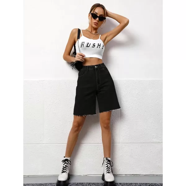 SweatyRocks Women's Casual High Waist Straight Leg Jean Shorts Raw Hem Denim Bermuda Shorts