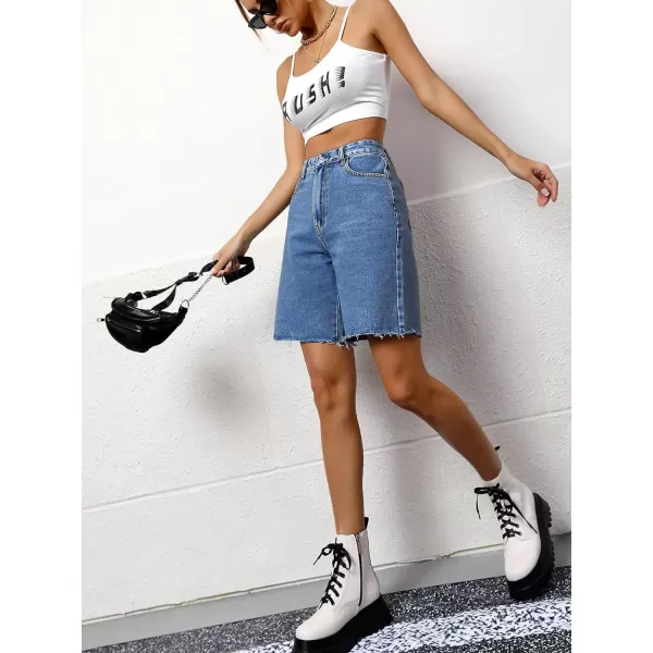 SweatyRocks Women's Casual High Waist Straight Leg Jean Shorts Raw Hem Denim Bermuda Shorts