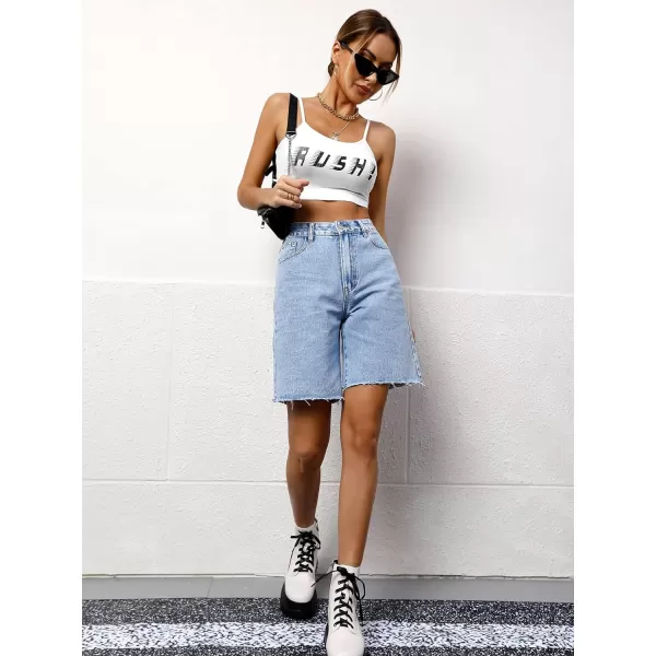 SweatyRocks Women's Casual High Waist Straight Leg Jean Shorts Raw Hem Denim Bermuda Shorts
