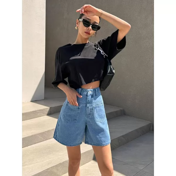 SweatyRocks Women's Casual High Waist Straight Leg Jean Shorts Raw Hem Denim Bermuda Shorts