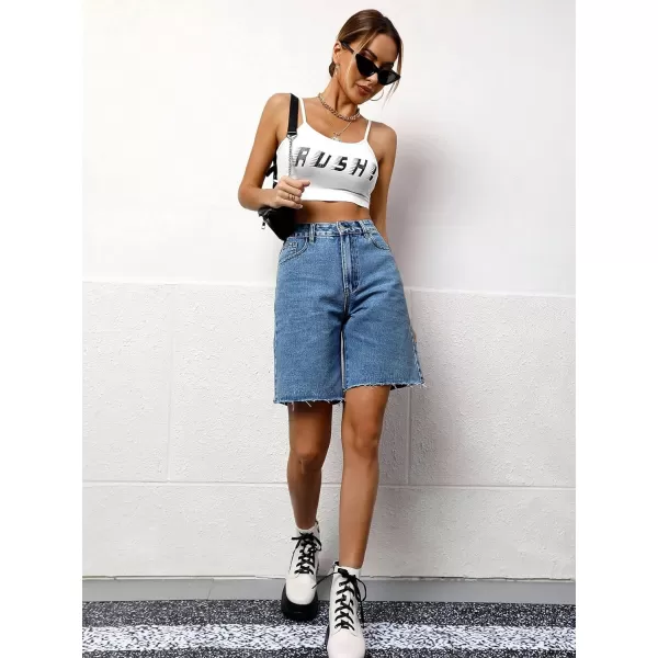SweatyRocks Women's Casual High Waist Straight Leg Jean Shorts Raw Hem Denim Bermuda Shorts