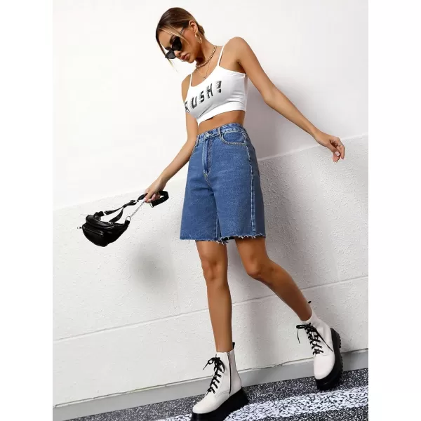 SweatyRocks Women's Casual High Waist Straight Leg Jean Shorts Raw Hem Denim Bermuda Shorts