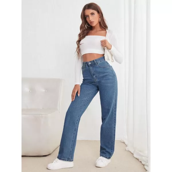 SweatyRocks Women's Casual High Waist Zip Up Mom Jeans Solid Straight Leg Denim Pants