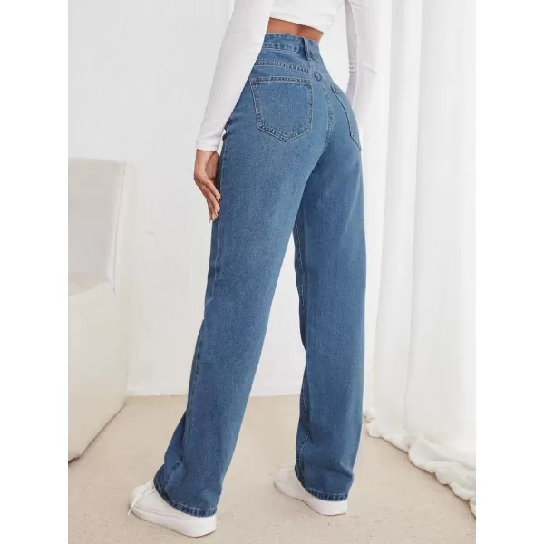 SweatyRocks Women's Casual High Waist Zip Up Mom Jeans Solid Straight Leg Denim Pants