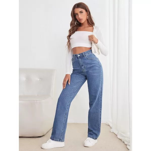SweatyRocks Women's Casual High Waist Zip Up Mom Jeans Solid Straight Leg Denim Pants