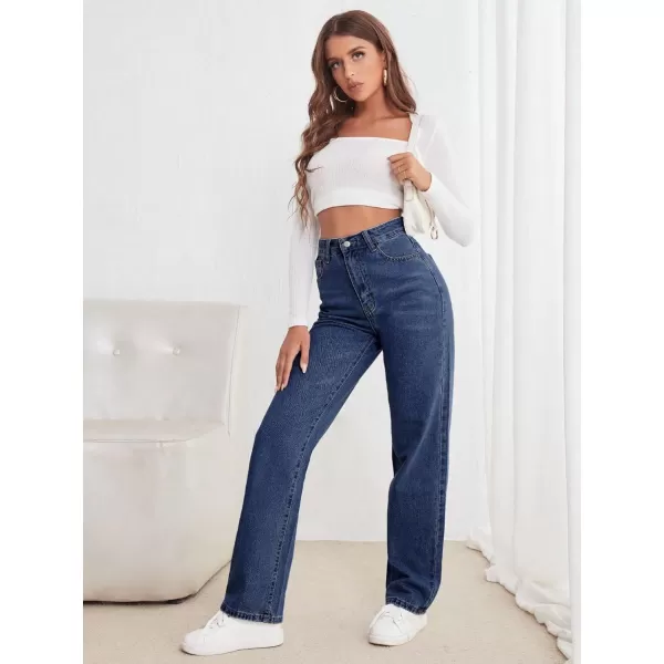 SweatyRocks Women's Casual High Waist Zip Up Mom Jeans Solid Straight Leg Denim Pants