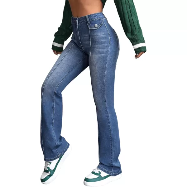 SweatyRocks Women's Casual High Waisted Flare Leg Jeans Raw Hem Bell Bottom Denim Pants
