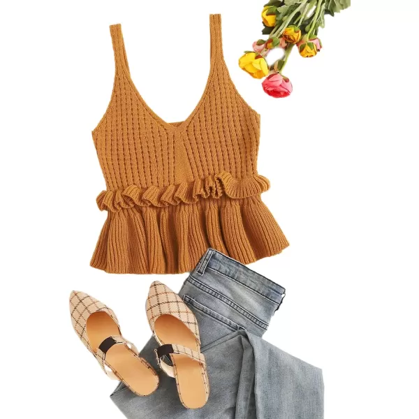 SweatyRocks Women's Casual Knit Top Sleeveless Ruffle Hem V Neck Peplum Crop Tank Top