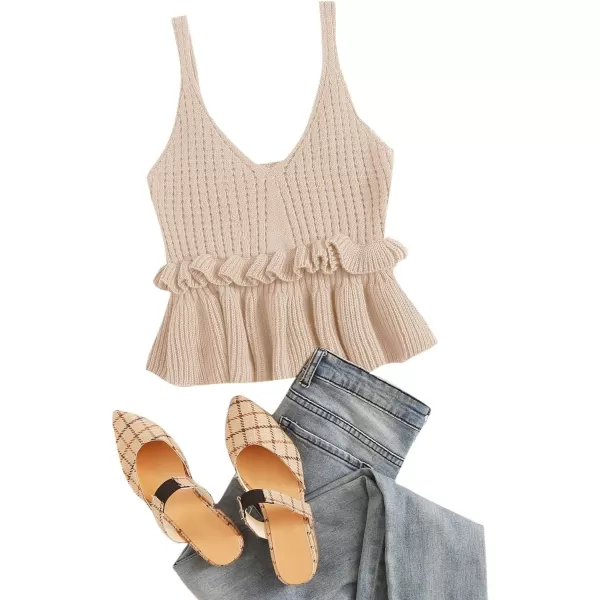 SweatyRocks Women's Casual Knit Top Sleeveless Ruffle Hem V Neck Peplum Crop Tank Top
