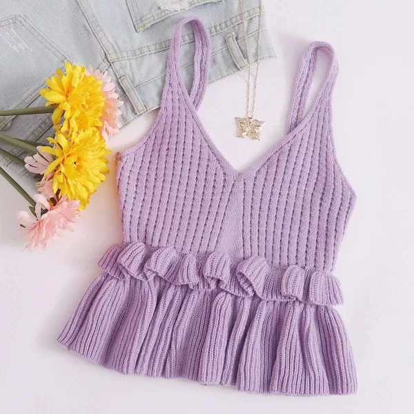 SweatyRocks Women's Casual Knit Top Sleeveless Ruffle Hem V Neck Peplum Crop Tank Top