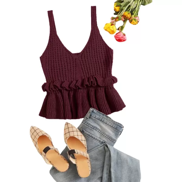 SweatyRocks Women's Casual Knit Top Sleeveless Ruffle Hem V Neck Peplum Crop Tank Top