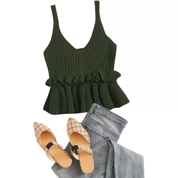 SweatyRocks Women's Casual Knit Top Sleeveless Ruffle Hem V Neck Peplum Crop Tank Top