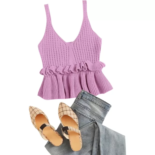 SweatyRocks Women's Casual Knit Top Sleeveless Ruffle Hem V Neck Peplum Crop Tank Top