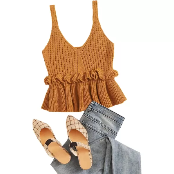 SweatyRocks Women's Casual Knit Top Sleeveless Ruffle Hem V Neck Peplum Crop Tank Top