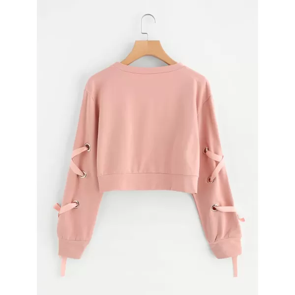 SweatyRocks Women's Casual Lace Up Long Sleeve Pullover Crop Top Sweatshirt