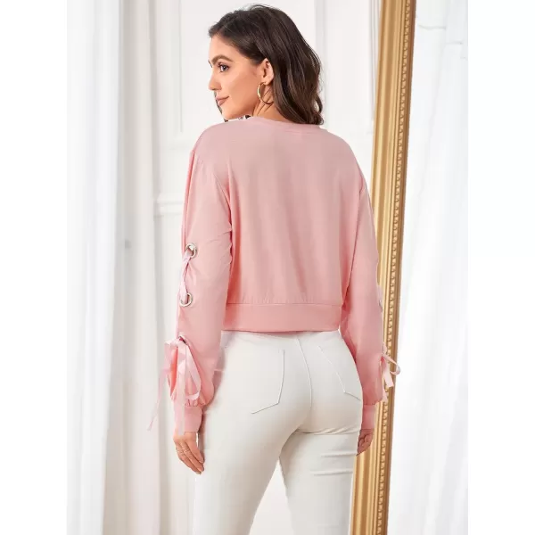 SweatyRocks Women's Casual Lace Up Long Sleeve Pullover Crop Top Sweatshirt