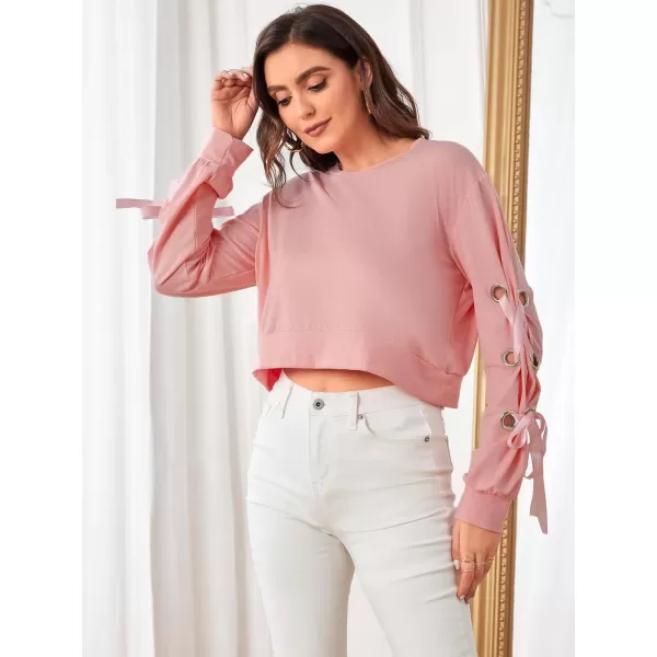 SweatyRocks Women's Casual Lace Up Long Sleeve Pullover Crop Top Sweatshirt