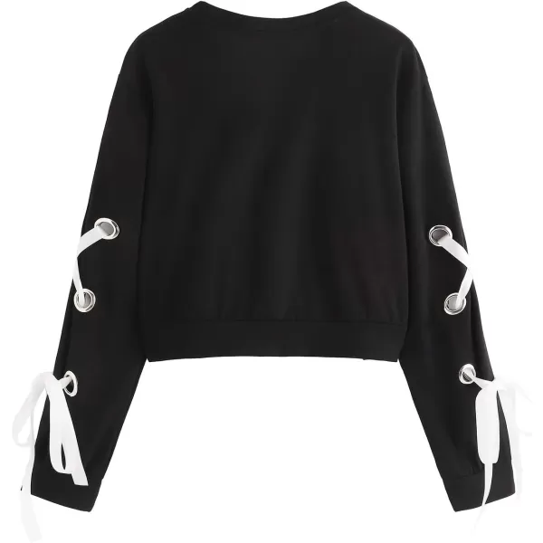 SweatyRocks Women's Casual Lace Up Long Sleeve Pullover Crop Top Sweatshirt