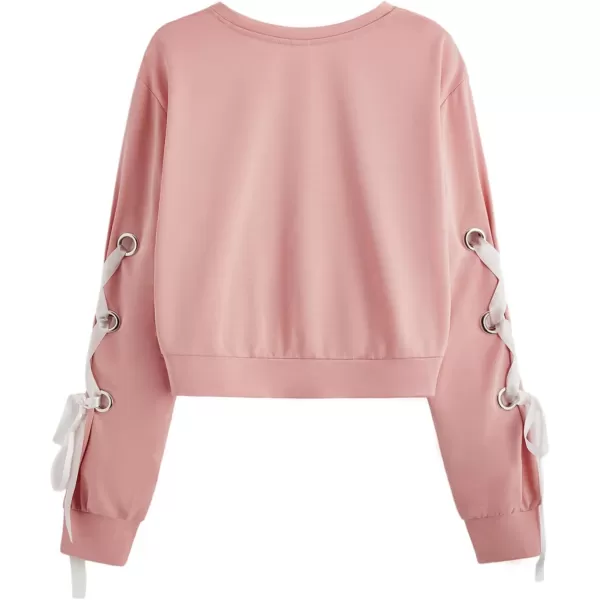 SweatyRocks Women's Casual Lace Up Long Sleeve Pullover Crop Top Sweatshirt