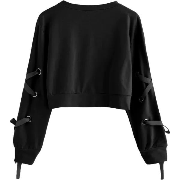 SweatyRocks Women's Casual Lace Up Long Sleeve Pullover Crop Top Sweatshirt