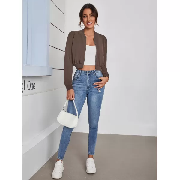 SweatyRocks Women's Casual Long Sleeve Solid Zip Up Coat Crop Bomber Jacket