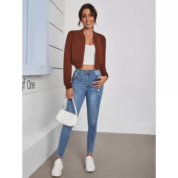 SweatyRocks Women's Casual Long Sleeve Solid Zip Up Coat Crop Bomber Jacket
