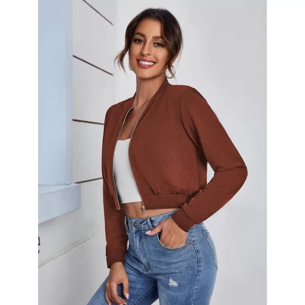 SweatyRocks Women's Casual Long Sleeve Solid Zip Up Coat Crop Bomber Jacket