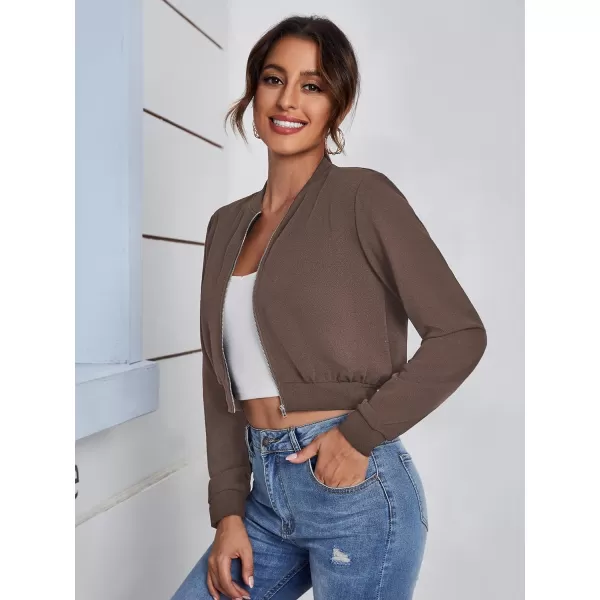 SweatyRocks Women's Casual Long Sleeve Solid Zip Up Coat Crop Bomber Jacket