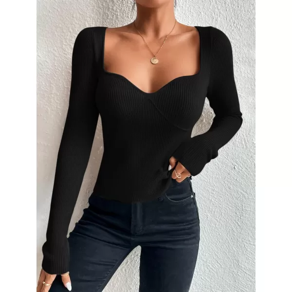 SweatyRocks Women's Casual Long Sleeve Sweetheart Neck Ribbed Knit Top Slim Fit Pullover Sweater