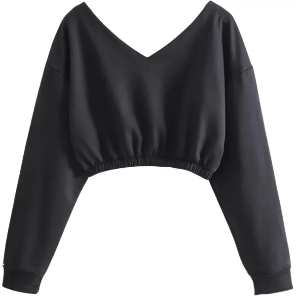 SweatyRocks Women's Casual Long Sleeve V Neck Crop Top Solid Pullover Sweatshirt