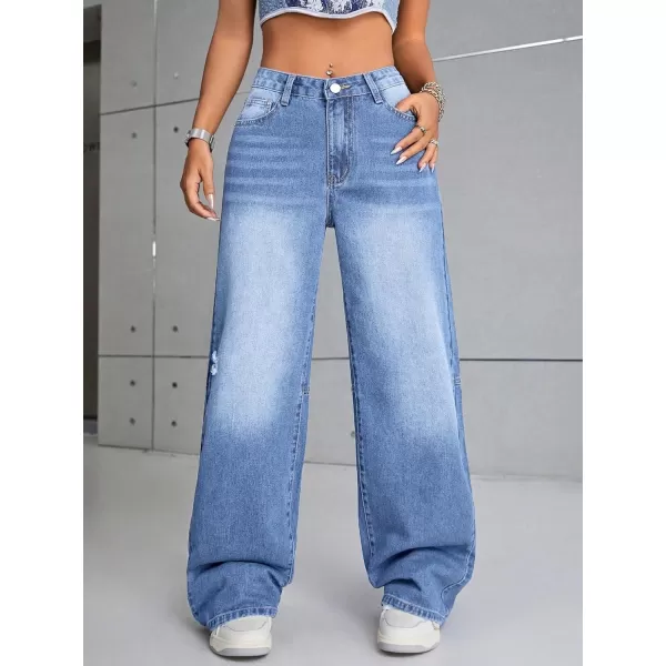 SweatyRocks Women's Casual Loose High Waist Solid Straight Wide Leg Jeans