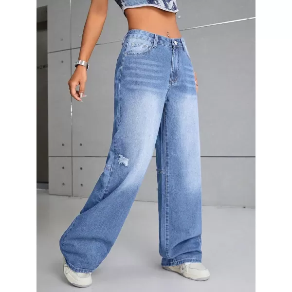 SweatyRocks Women's Casual Loose High Waist Solid Straight Wide Leg Jeans