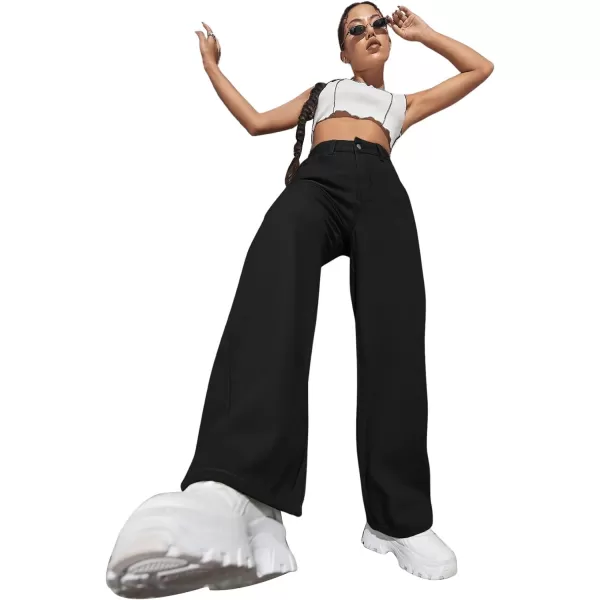 SweatyRocks Women's Casual Loose High Waist Solid Straight Wide Leg Jeans