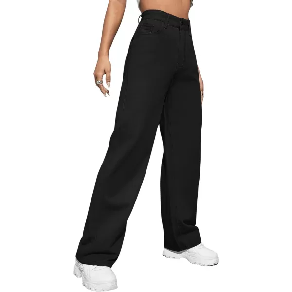 SweatyRocks Women's Casual Loose High Waist Solid Straight Wide Leg Jeans