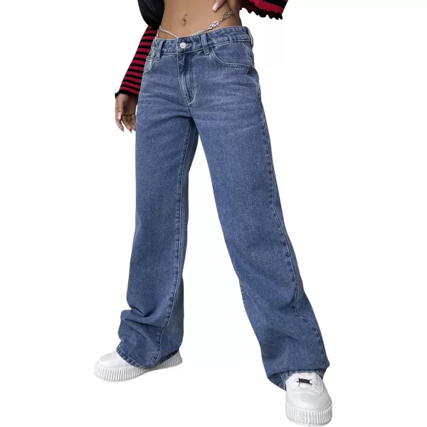 SweatyRocks Women's Casual Low Rise Wide Leg Jeans Chain Straight Leg Denim Pants with Pockets