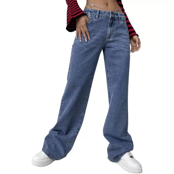 SweatyRocks Women's Casual Low Rise Wide Leg Jeans Chain Straight Leg Denim Pants with Pockets