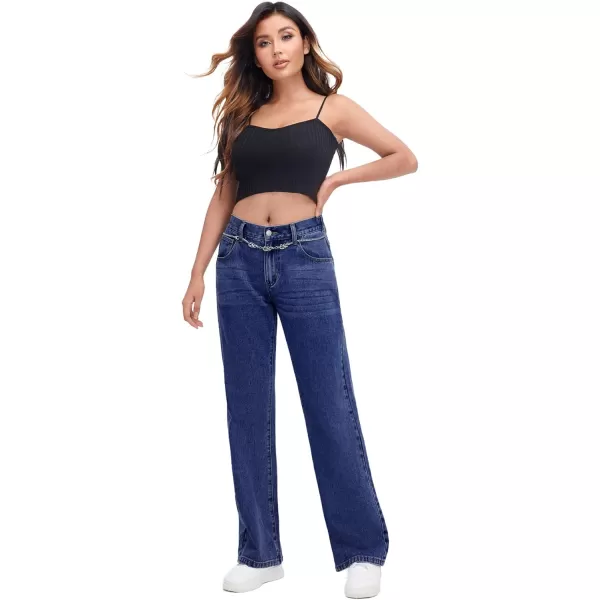 SweatyRocks Women's Casual Low Rise Wide Leg Jeans Chain Straight Leg Denim Pants with Pockets