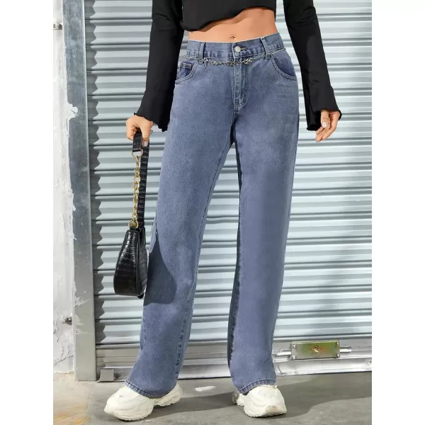 SweatyRocks Women's Casual Low Rise Wide Leg Jeans Chain Straight Leg Denim Pants with Pockets
