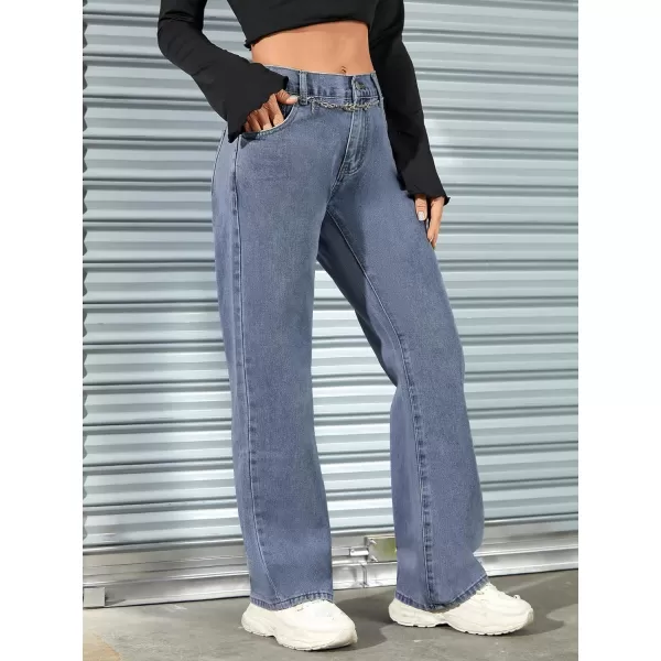 SweatyRocks Women's Casual Low Rise Wide Leg Jeans Chain Straight Leg Denim Pants with Pockets
